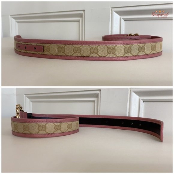 Authentic Gucci Pink Monogram Canvas Leather Gold Chain Buckle Belt Size 80/32 - Picture 11 of 14